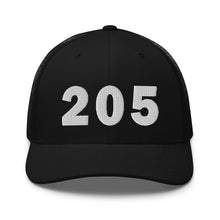 Load image into Gallery viewer, Black 205 area code truckers hat. 