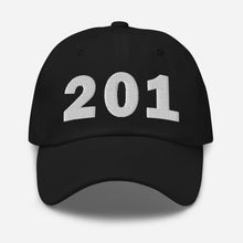 Load image into Gallery viewer, Black 201 area code dad cap with the state of New Jersey on the side.
