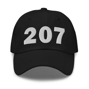 Black 207 area code hat with the state of Maine embroidered on the side.