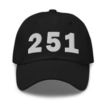 Load image into Gallery viewer, Black 251 area code hat with the state of Alabama embroidered on the side.