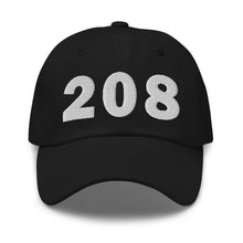Load image into Gallery viewer, Black 208 area code hat with the state of Idaho embroidered on the side.