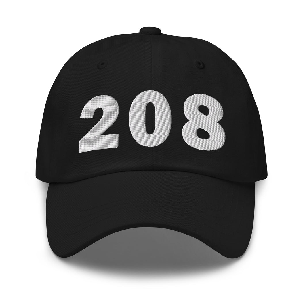 Black 208 area code hat with the state of Idaho embroidered on the side.