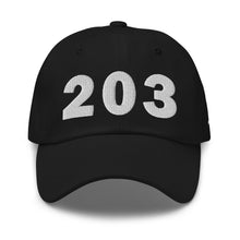 Load image into Gallery viewer, Black 203 area code hat with the state of Connecticut embroidered on the side. 