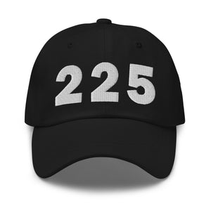 Black 225 area code hat with the state of Louisiana embroidered on the side.