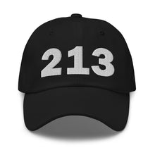 Load image into Gallery viewer, Black 213 area code hat with the state of California embroidered on the side.