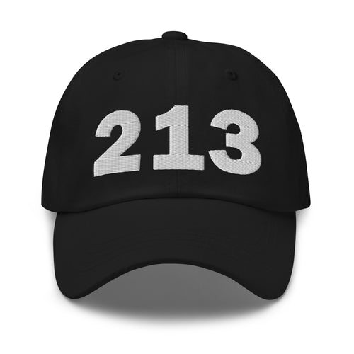 Black 213 area code hat with the state of California embroidered on the side.