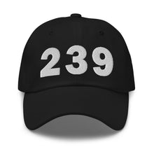 Load image into Gallery viewer, Black 239 area code hat with the state of Florida embroidered on the side.