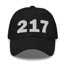 Load image into Gallery viewer, Black 217 area code hat with the state of Illinois embroidered on the side.