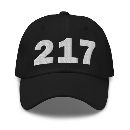 Black 217 area code hat with the state of Illinois embroidered on the side.