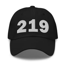 Load image into Gallery viewer, Black 219 area code hat with the state of Indiana embroidered on the side.