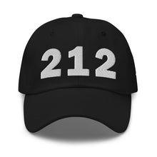 Load image into Gallery viewer, Black 212 area code hat with the state of New York embroidered on the side.