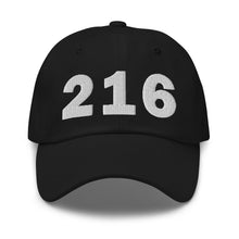 Load image into Gallery viewer, Black 216 area code hat with the state of Ohio embroidered on the side.