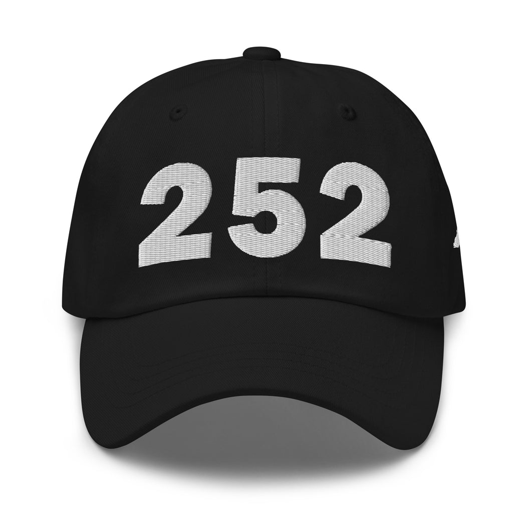 Black 252 area code hat with the state of North Carolina embroidered on the side.