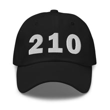 Load image into Gallery viewer, Black 210 area code hat with the state of Texas embroidered on the side.