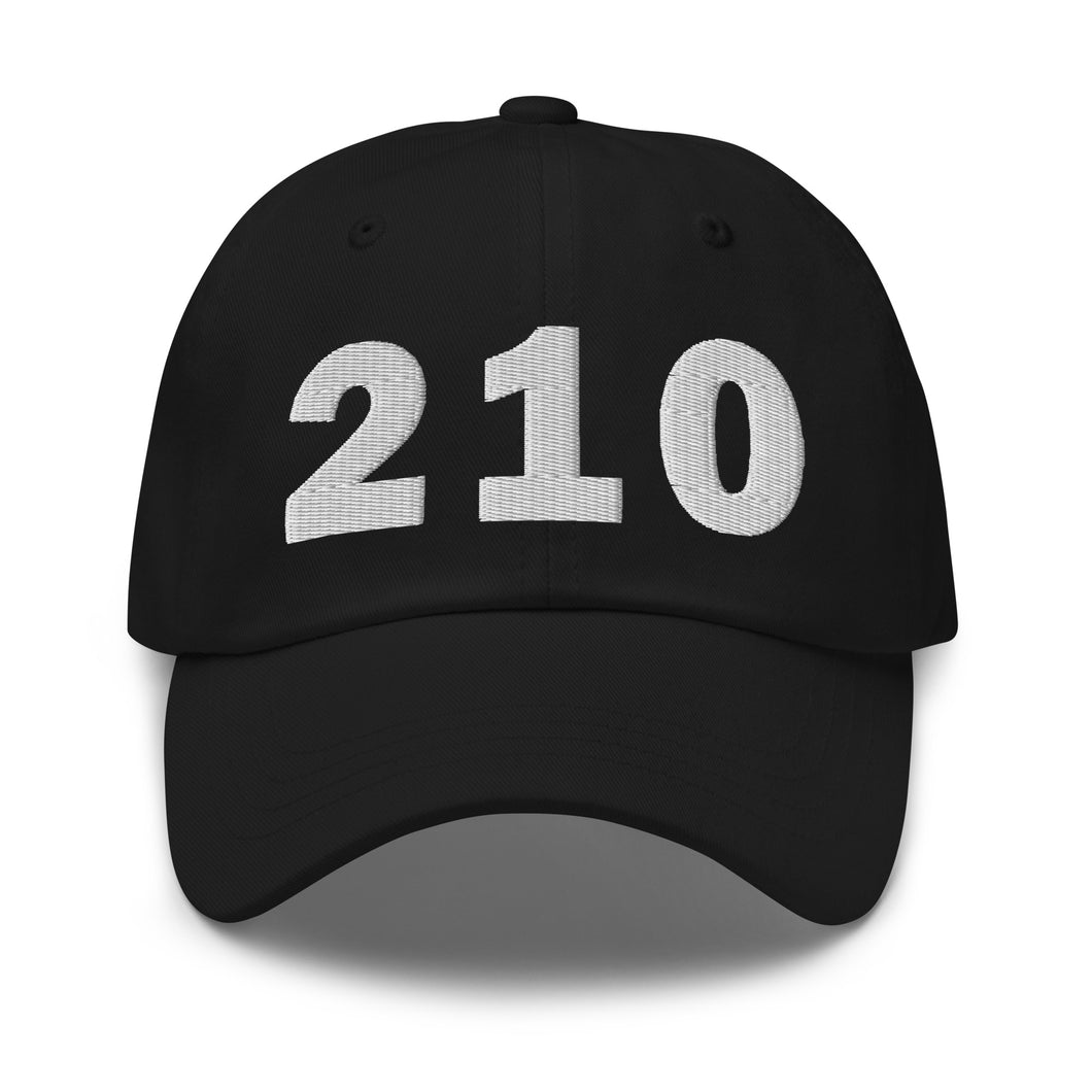 Black 210 area code hat with the state of Texas embroidered on the side.