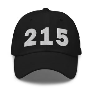Black 215 area code hat with the state of Pennsylvania embroidered on the side.