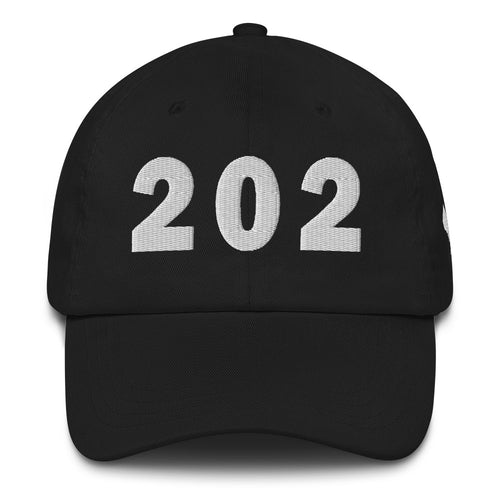 Black 202 area code hat with shape of Washington D.C. embroidered on the side
