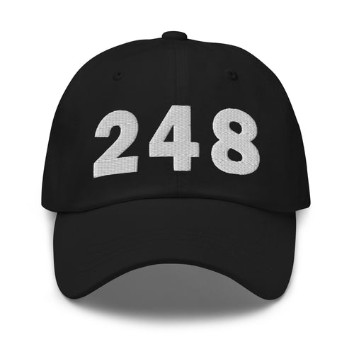 Black 248 area code hat with the state of Michigan embroidered on the side.