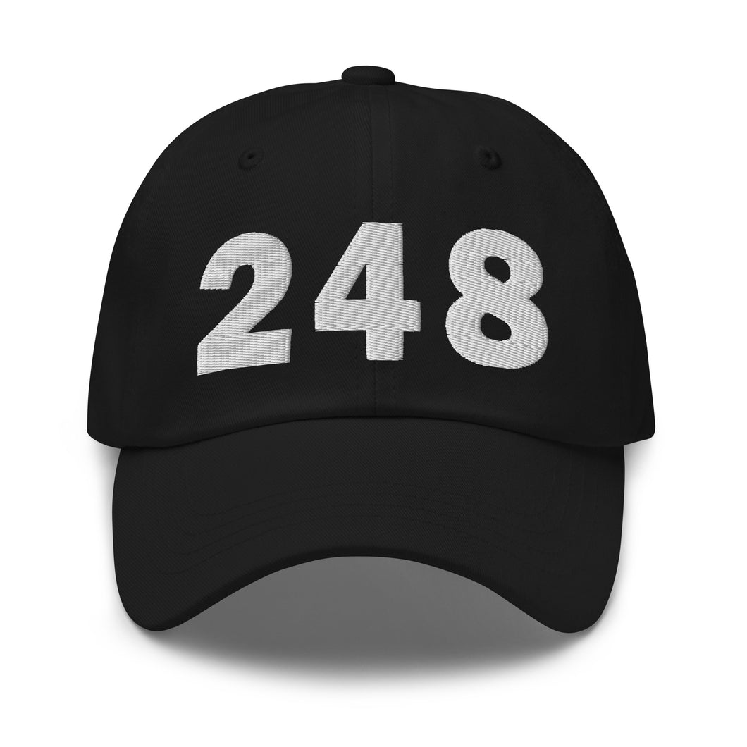 Black 248 area code hat with the state of Michigan embroidered on the side.