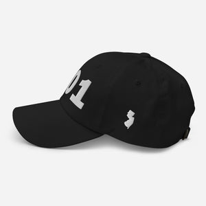 Black 201 area code hat with the state of New Jersey embroidered on the side.