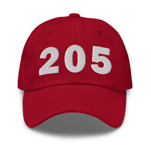 Load image into Gallery viewer, Cranberry 205 area code hat with the state of Alabama embroidered on the side.