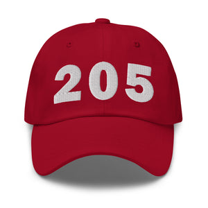 Cranberry 205 area code hat with the state of Alabama embroidered on the side.